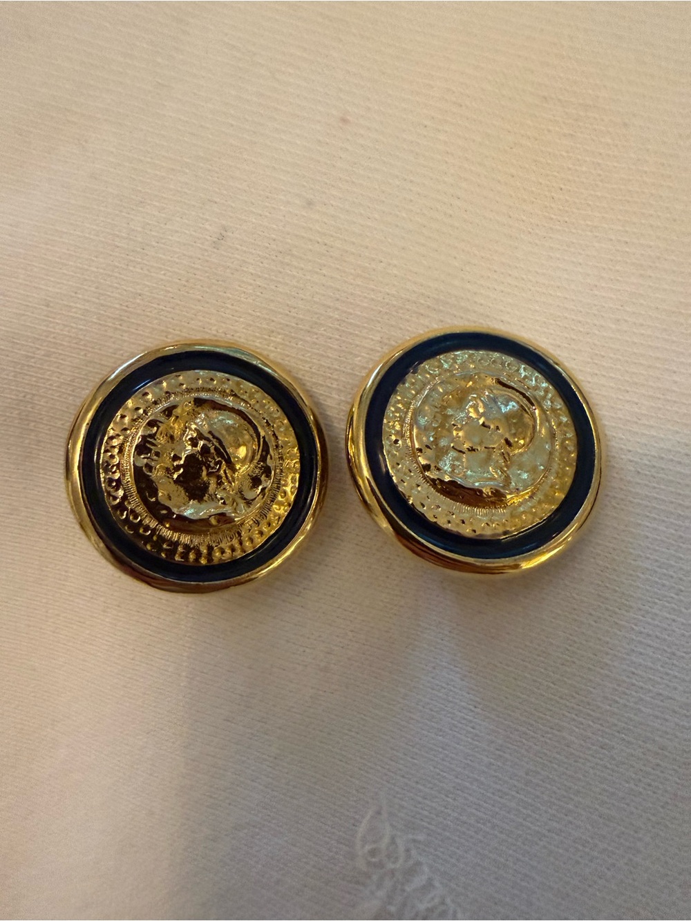 Gold Coin Button Earrings with Navy Enamel Trim